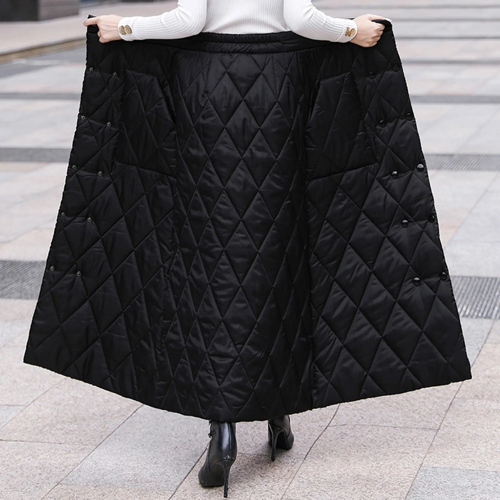 

Women'S Winter Down Cotton Black Skirt With Thickened Long Skirt Winter Fashion Half Skirt Cotton Material Everyday Versatile