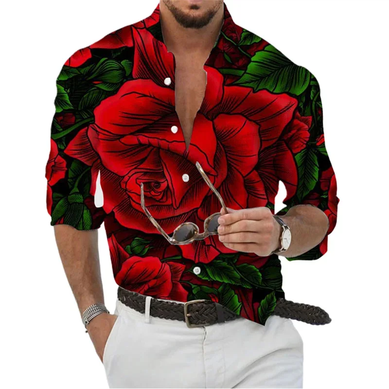 Leisure outdoor 3D rose print men's cardigan shirt rises in fashion, comfort and soft geometry. Designer's new spring and summer