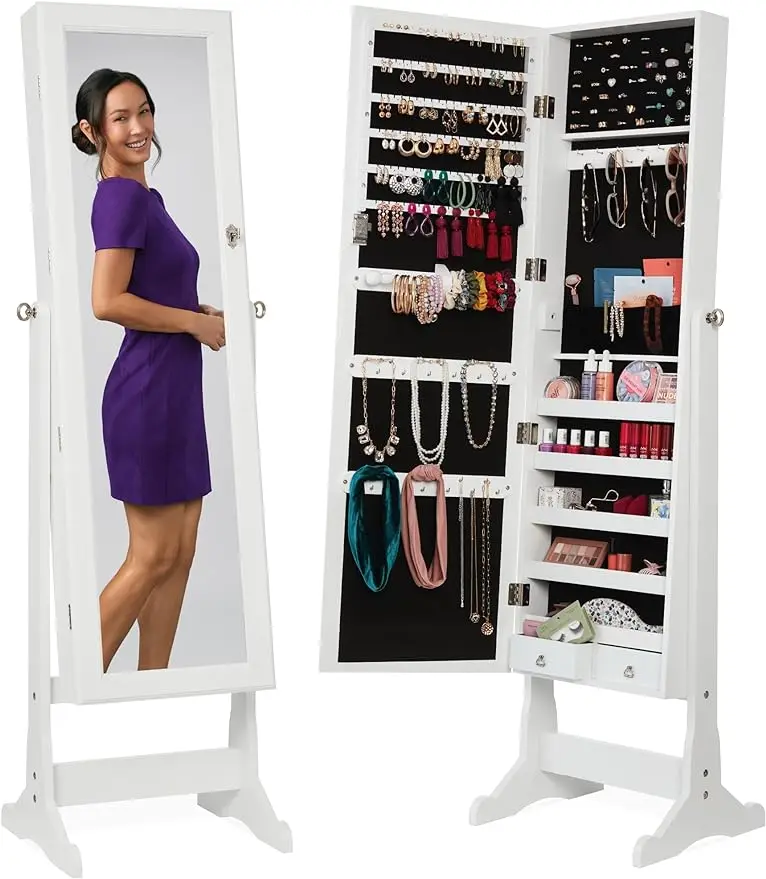 

Best Choice Products Freestanding Jewelry Armoire Cabinet, Full Length Standing Mirror, Lockable Makeup Storage Organizer, w/Vel