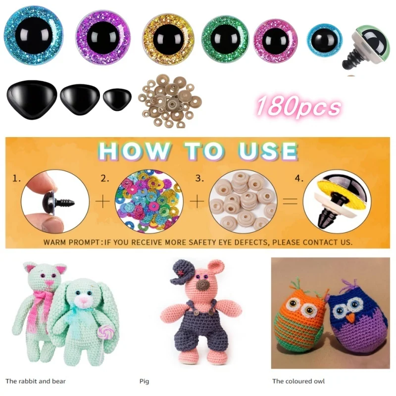 180PCS Amigurumi 박제 동물을위한 안전 눈과 코 반짝이 눈 DIY 크로 셰 뜨개질 곰 장난감 눈 코 세트 인형 만들기 용품