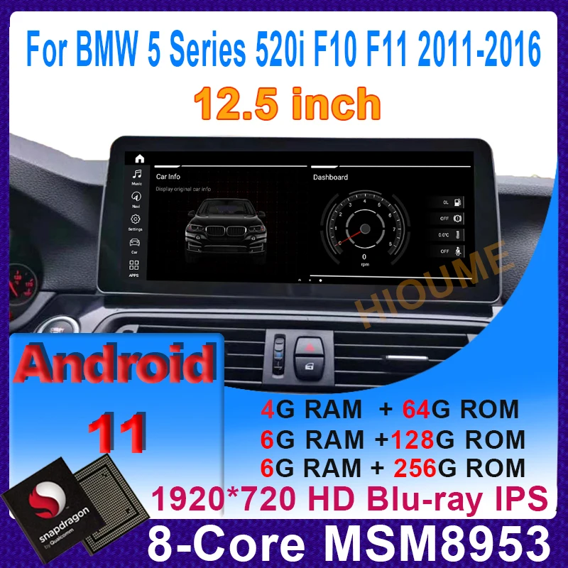 

Автомобильный мультимедийный плеер Snapdragon, 12,5 дюйма, Android 11, GPS-навигация для BMW 5 серии 520i F10 F11 2011-2016, радио, стерео, видео