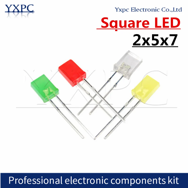100pcs 2*5*7 2x5x7mm Square LED diodes light emitting diode blue red