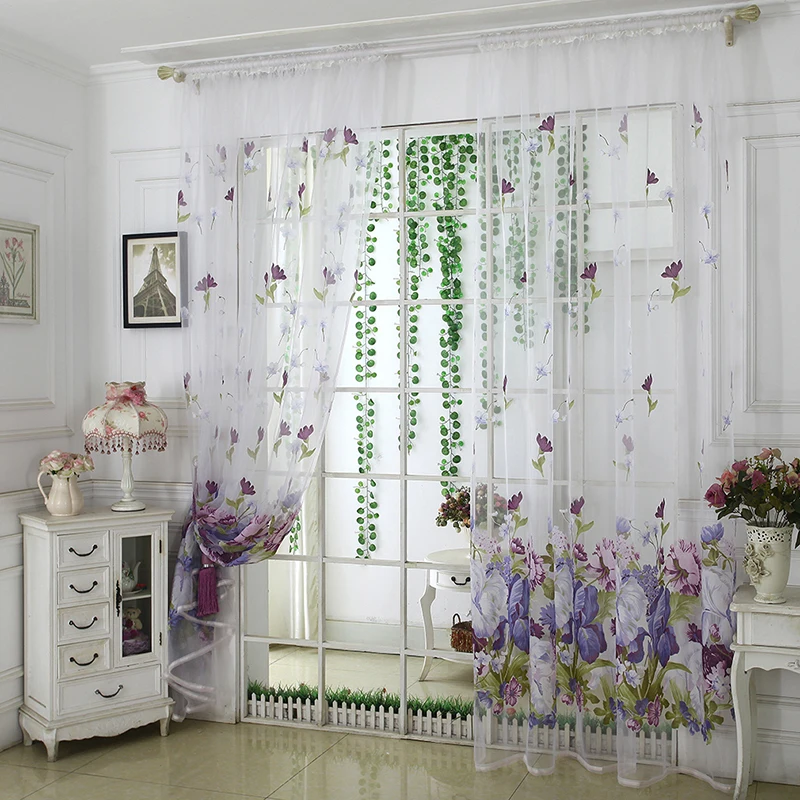 Sheer Window Curtains Peony Flower Printed Polyester Tulle 1Pc