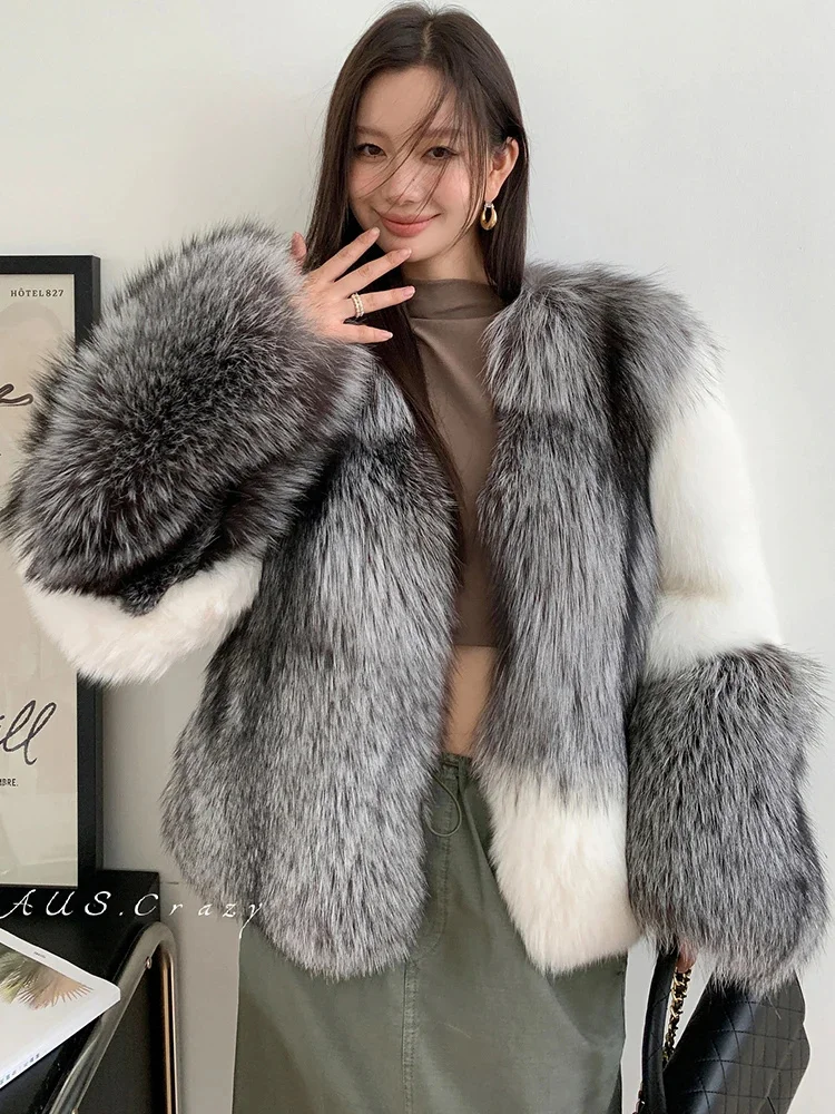 Cappotto Invernale Da Donna In Pelliccia Di Volpe Naturale Argento Moda Contrasto Colore Elegante Scollo A V Caldo Soffice Giacca Reale Veste Fourrure