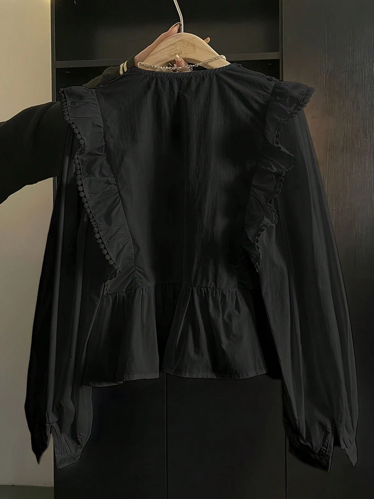 Übergröße 2026 Herbst Neuheiten Damen Casual Einfarbiges Spitzenbesetztes Rüschen-Langarm-Oberteil Modisch und Elegant – Detail 11