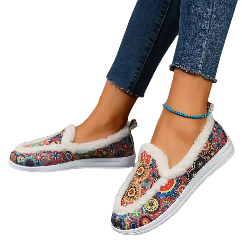 Women Winter Fur Flats Printed Short Plush Snow Boots Woman Winter New Non Slip Bottom Fleece Flat Canvas Shoes Big Size 2024