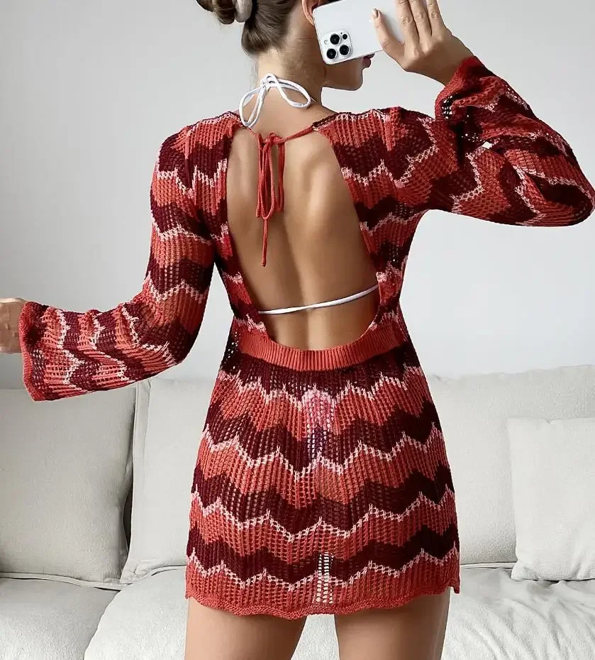 Beach Dress Women's Bikini Cover-Up Dress Knitted Beach Dress Long Sleeve Swimsuit Cover-Up Sexy Tie-up Backless Beach Dresses