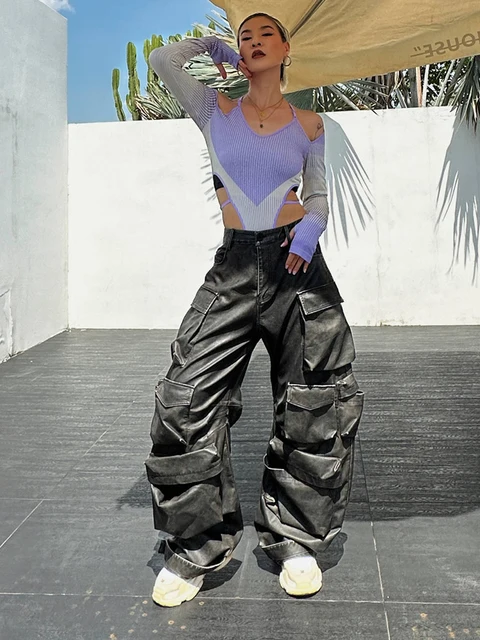 VGH-pantalones Cargo de mezclilla con bolsillo de retazos degradado para  mujer, pantalones de cintura alta con botones empalmados, ropa de calle de