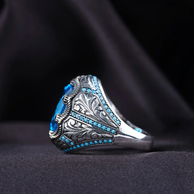 Retro Handmade Turkish Rings for Men Vintage Metal Silver Color Inlaid Blue Zircon Punk Ring Muslim
