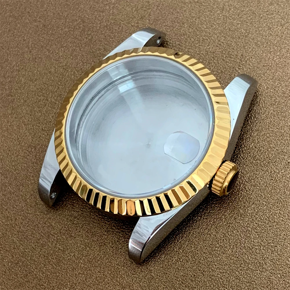 Gold Bezel Stainless Steel Watch Case 36mm Sapphire Mirror 30Bar