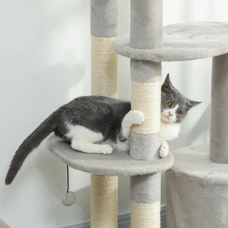 Katzenbaum 114 cm, Katzenturm mit Höhle, Sisalpfosten, Plattform, mehrstufig, für mittelgroße Katzen unter 6 kg, hellgrau, On-Site – Detail 8