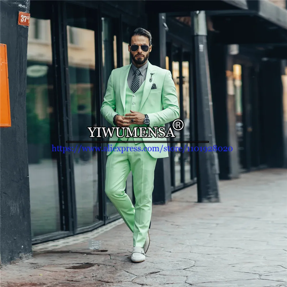 

Мужской облегающий костюм Apple Green, деловая уличная одежда из трех предметов, смокинг для шафера, однобортный пиджак + кофта официанта + брюки, индивидуальный пошив
