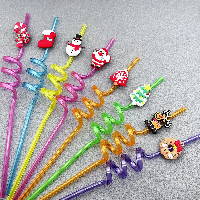 

1Pc Christmas Straws Reusable Plastic Spiral Drinking Straws With Cartoon Decoration Kids Gifts Christmas Party Supplies