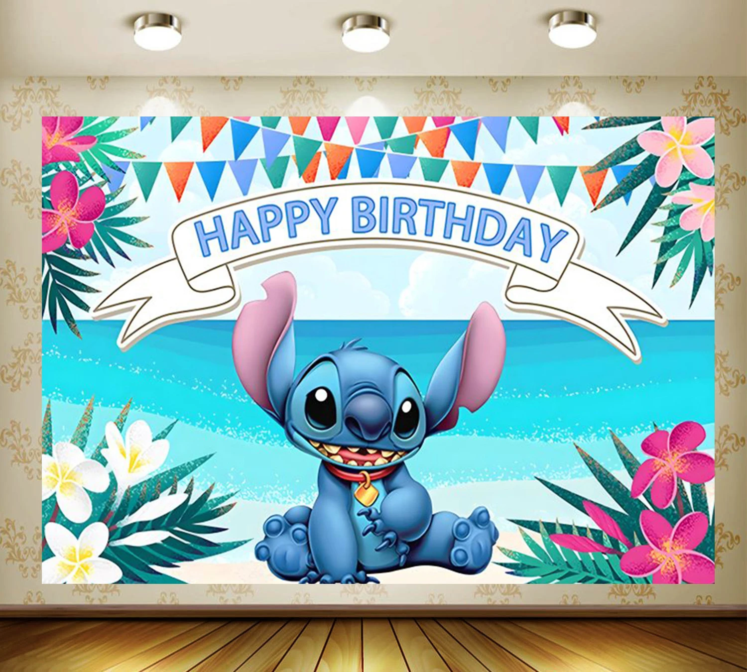 thumbnail image 1 of Fondo de fiesta con temática de dibujos animados de Lilo y Stitch, decoración para fiesta de cumpleaños de niña y niño de verano, accesorios de estudio para fotografía, 1 of 5