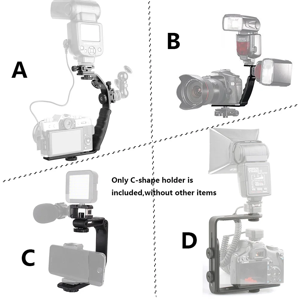 C Shape Aluminum Bracket with Cold Shoe Adaptor For Microphones LED Flash Mount Holder For Canon Nikon DSLR SLR DV Cameras