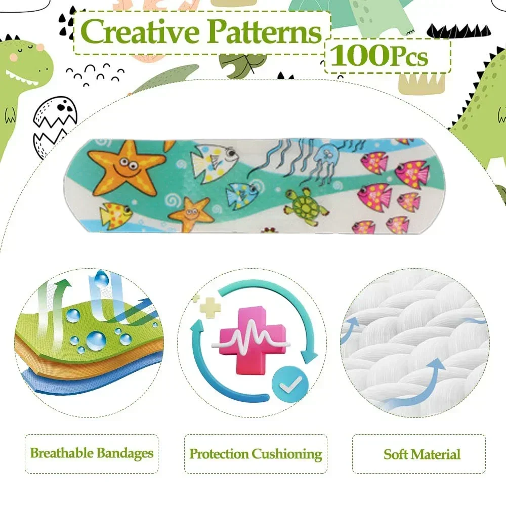100Pcs For ChildrenCute Cartoon Bandages Flexible Adhesive Kids Bandages Bulk Kids  Strips Medical Waterproof Breathable