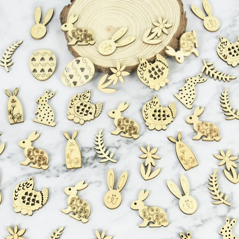 50/100 Pezzi Happy Easter Egg Rabbit Hen Artigianato In Legno Mini Hollow Wood Chips Accessori Per La Decorazione Della Casa Fai Da Te Regali Per Fest
