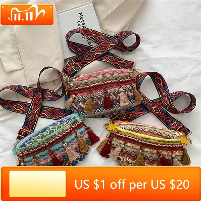 

Women Folk Style Waist Bags with Adjustable Strap Variegated Color Fanny Pack with Fringe Decor Crossbody Chest Bags