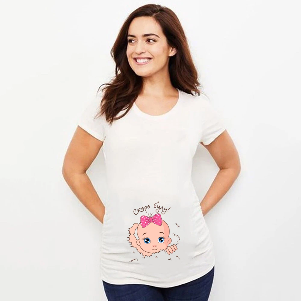 

Funny Cartoon Zipper Baby Print Maternity T-Shirt Crew Neck Pregnant Women's Clothing Short Sleeve Summer Top for Women
