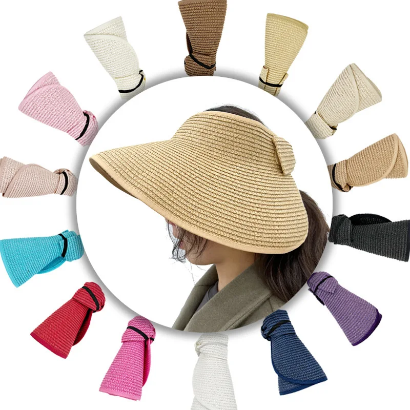 Women Summer Visors Women Summer Visors Hat Foldable Wide Large Brim Bowknot Empty Top Straw Hats Beach UV Protection Caps