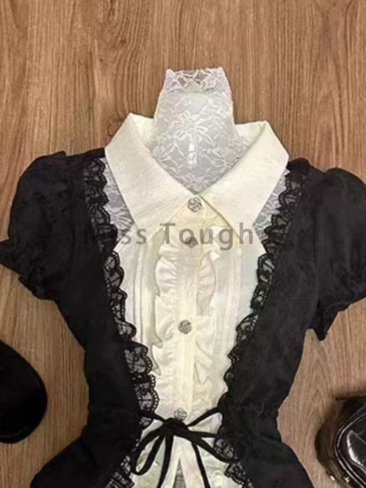 Japanese Kawaii Lolita Elegant 2 Piece Set Women Y2k Patchwork Vintage Kawaii Mini Skirt Suits Female Lace-up Chic Clothing 2024 4