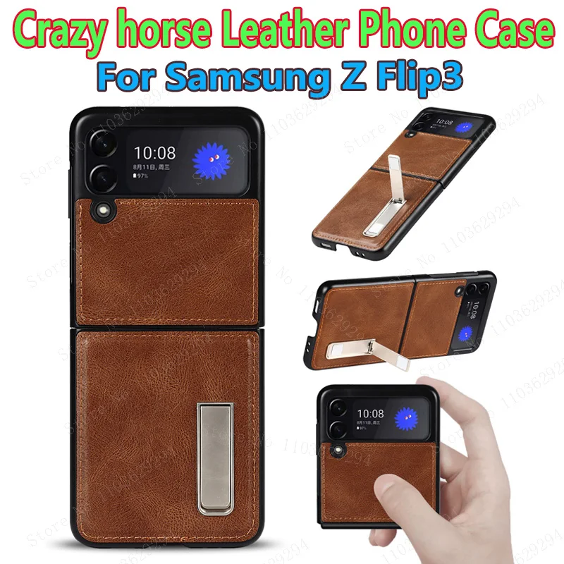 

Складной экран для Samsung Galaxy Z Flip3, чехол для телефона из искусственной кожи с рисунком Crazy Horse со складным кронштейном, защитный чехол для телефона