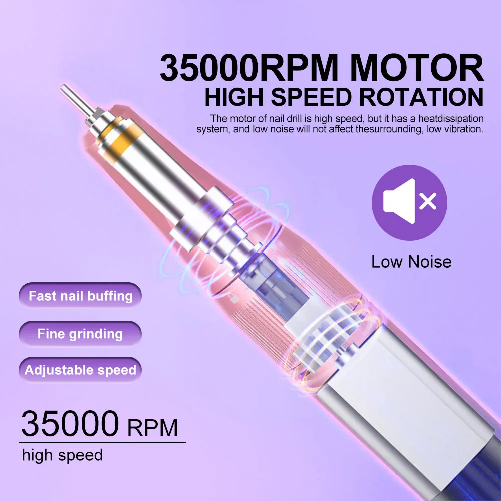 Professional Nail Polish Machine Carbon Brush 35000RPM Portable Electric Nail Drill Low Noise Sander Manicure Pedicure Tools 2