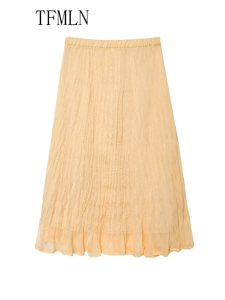TFMLN 2025 Summer Women Solid Folds Mid-Calf Skirts Fashion Chic Causal Loose A-line Elastic Waist Skirts Elegant Street Skirts