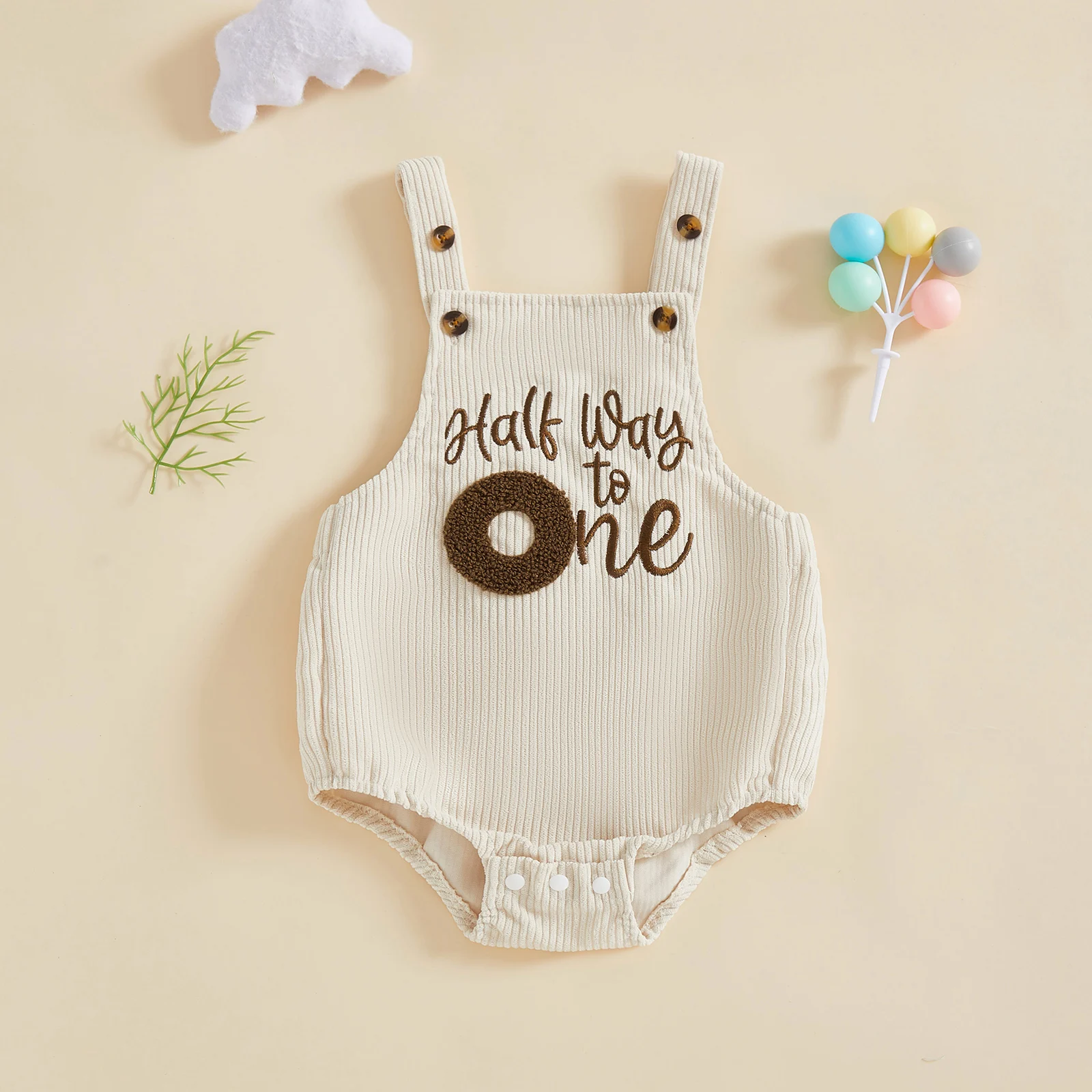  남자아이 1/2세 생일 의상 민소매 코듀로이 오버올 하프웨이 투 원 케이크 스매시 롬퍼 (반세 생일 파티용)