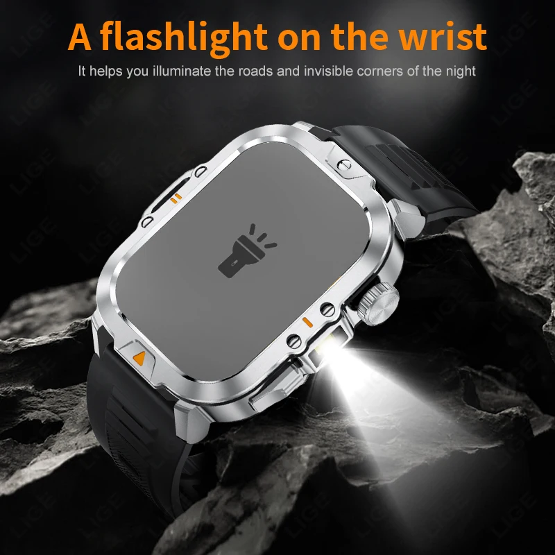 LIGE 2.01 Inch LED Flashlight Smart Watch 410mAh Large Battery IP68 Waterproof 100+ Sports Modes Military Outdoor New Smartwatch
