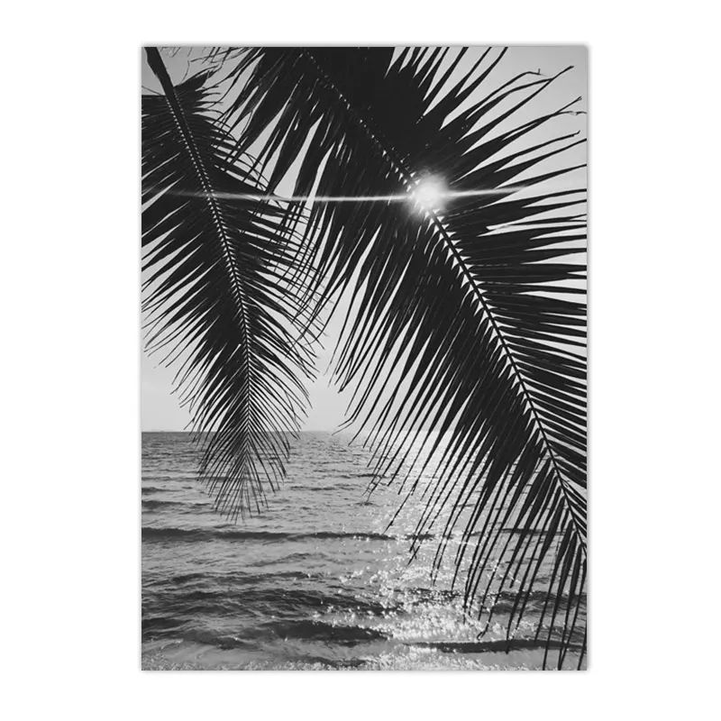 Monochrome Palm Tree and Sea Waves Beach Canvas Art - Nordic Coastal Wall Decor