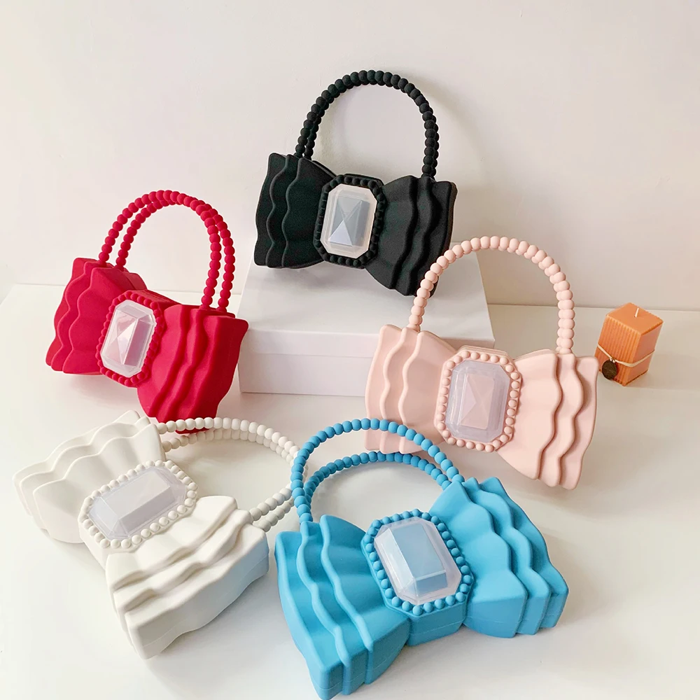 Brands Bow Jelly Women Handbag Cute Beading Handle Clutch Sweet PVC Hand Bags and Purse Big Diamonds Evening Party Bags Lady INS