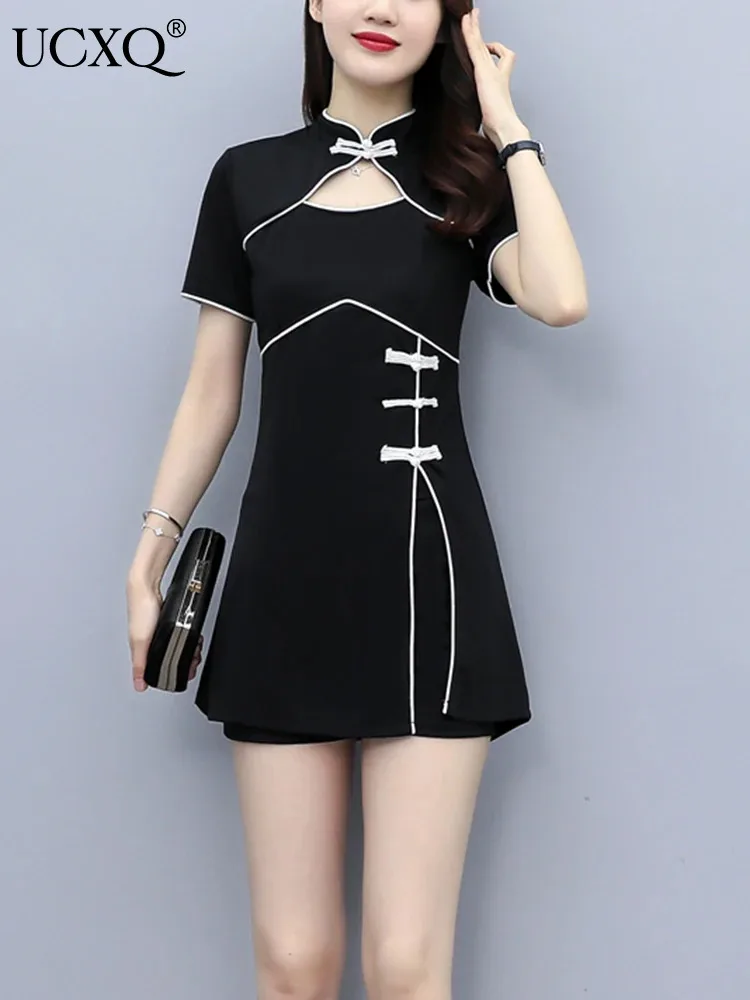 

UCXQ Chinese Style Pullover Improved Cheongsam Short Sleeve Dress Solid Color Shorts Two-piece Set Women 2024 Spring Summer 7982