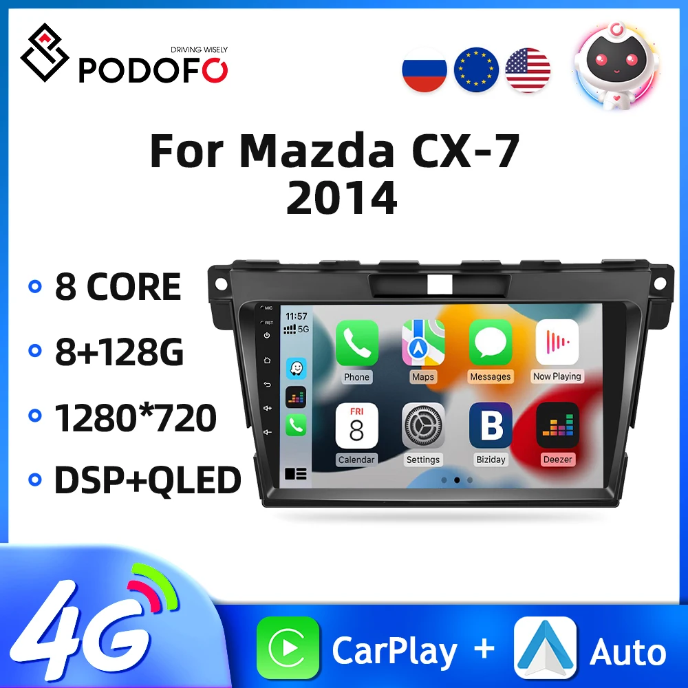 

Автомобильный радиоприемник Podofo, 2Din, для Mazda CX-7 2014, Android, автомобильное стерео радио, GPS-навигация, AI Voice, Wi-Fi, 8 ядер, DSP, беспроводной Carplay, 2din