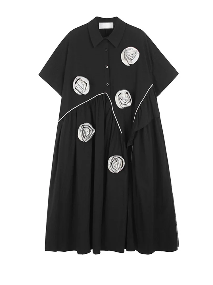 

Women Black Flower Long Big Size Shirt Dress New Lapel Short Sleeve Loose Fit Fashion Tide Spring Summer 2023 M865