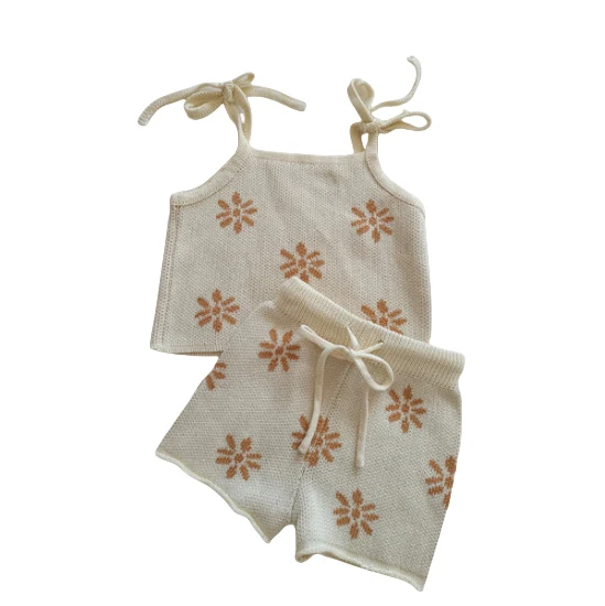 Newborn Baby Knitted Outfit Set 0-2Y Infant Spaghetti Strap Top & Shorts Soft Floral Baby Clothes Adjustable Infant Clothes