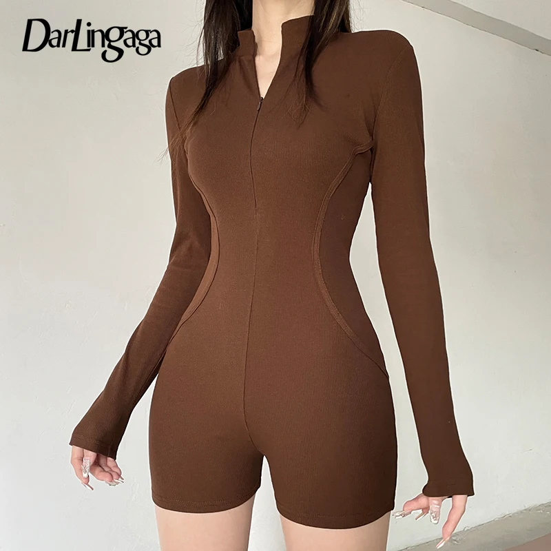 

Darlingaga Harajuku Brown Fitness Autumn Playsuit Women Stitched Sporty Chic Long Sleeve One Piece Bodysuit Romper Basic Outfits