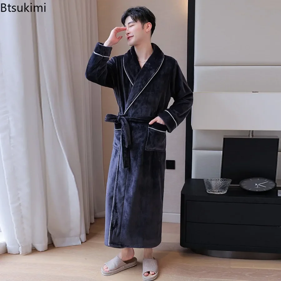 2024 Men's Autumn Winter Thicken Flannel Robes Dress V Neck Warm Bathrobe Men Couple Casual Comfortable Robe Dress for Sleepwear