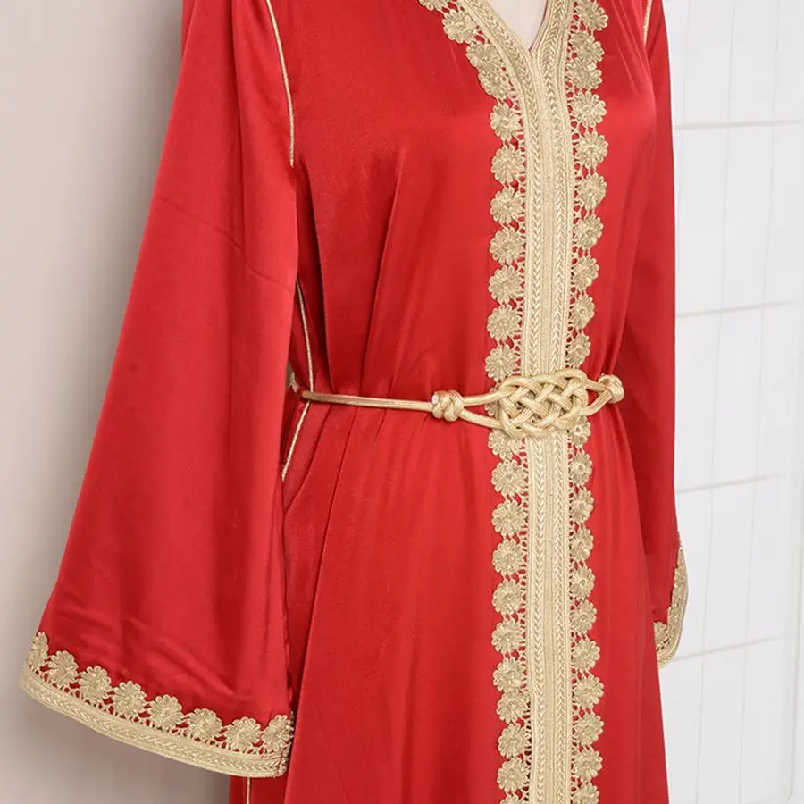 Women Dress Arabic Robe Gold Embroidered Lace Fashion