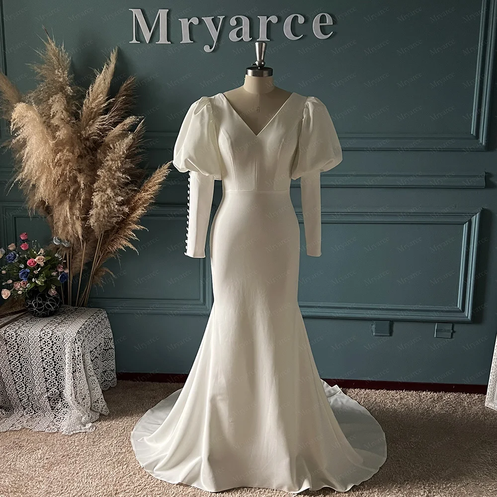 Mryarce Statement Bubble Sleeves Simple Stretch Crepe Wedding Dress V Neck Mermaid Bridal Gowns 5