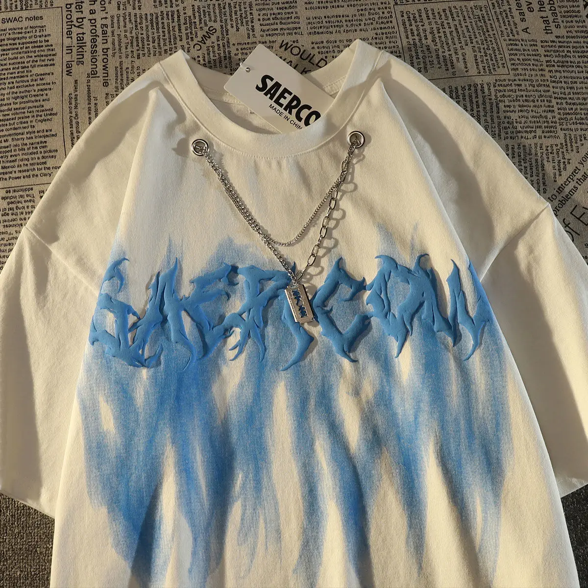 

American street hiphop necklace short sleeve T-shirt women ins loose size European style style hiphop blast street top y2k top
