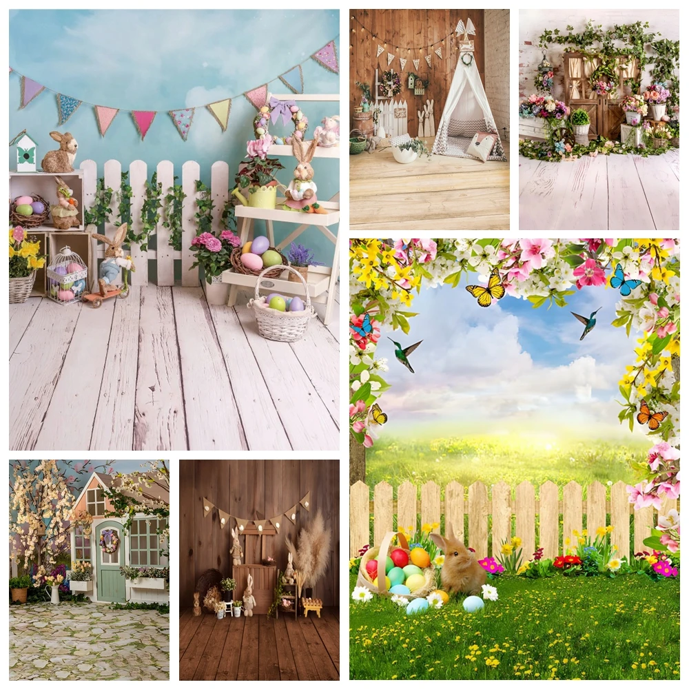 Photo Backdrop Laeacco Spring Easter Photography Background Green Grass Flowers Easter Eggs Child Portrait Wood Board Wall Photo Backdrop Prop
