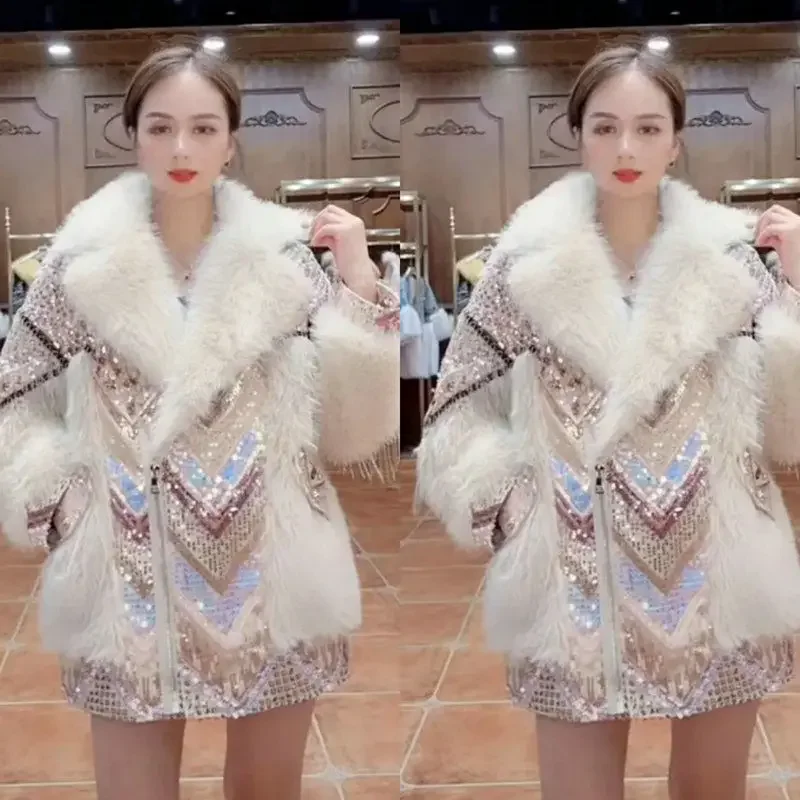 2023 Winter New Mid-Length Slim-Fit Toka Lamb Wool Faux Coat Women Loose Slimming Oversized 6XL Fat Girl Sequins Fur Jacket Lady