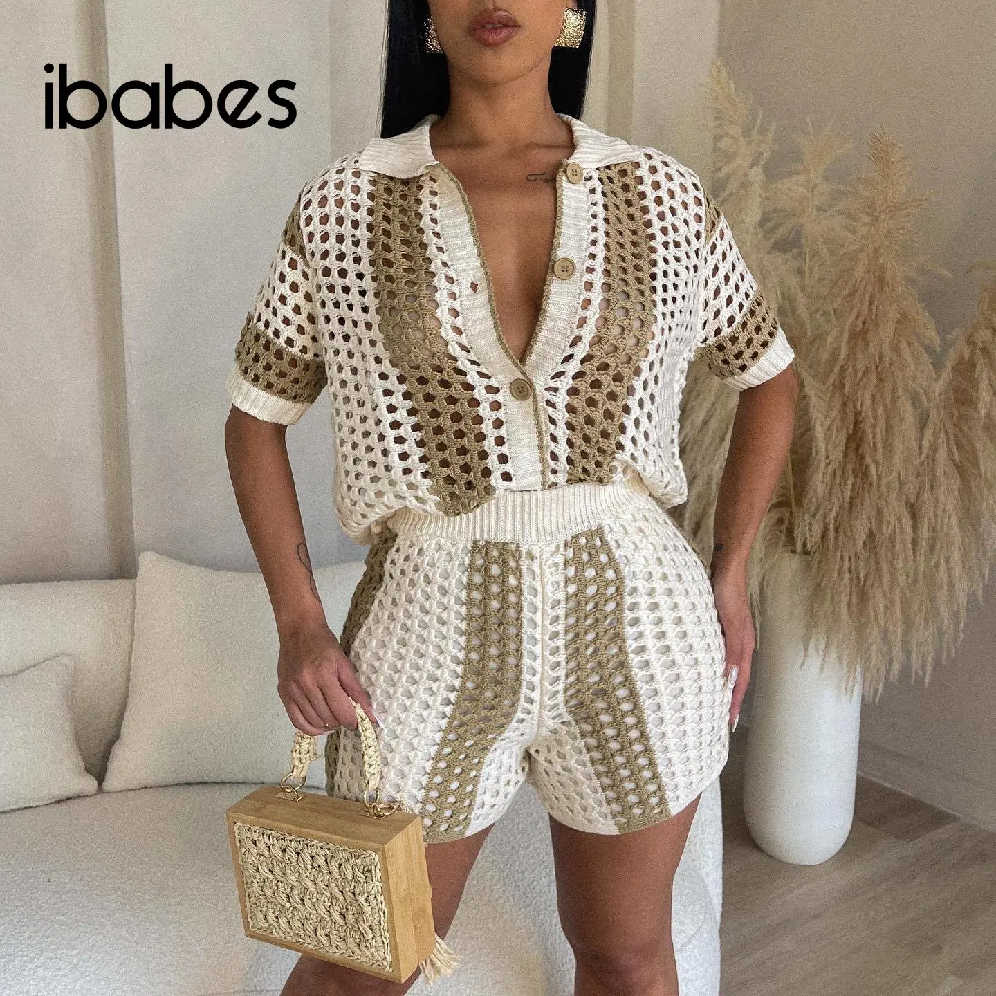 Striped Printed Knitted 2 Piece Set Women Turn Down Collar Short Sleeve Single Breasted Shirts Top Matching Shorts Casual Suit