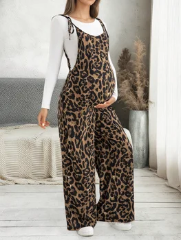 Leopard Print Maternity Pants Trousers Spring Summer Loose Casual Pregnant Women One-Piece Wide Leg Rompers Overalls Jumpsuit