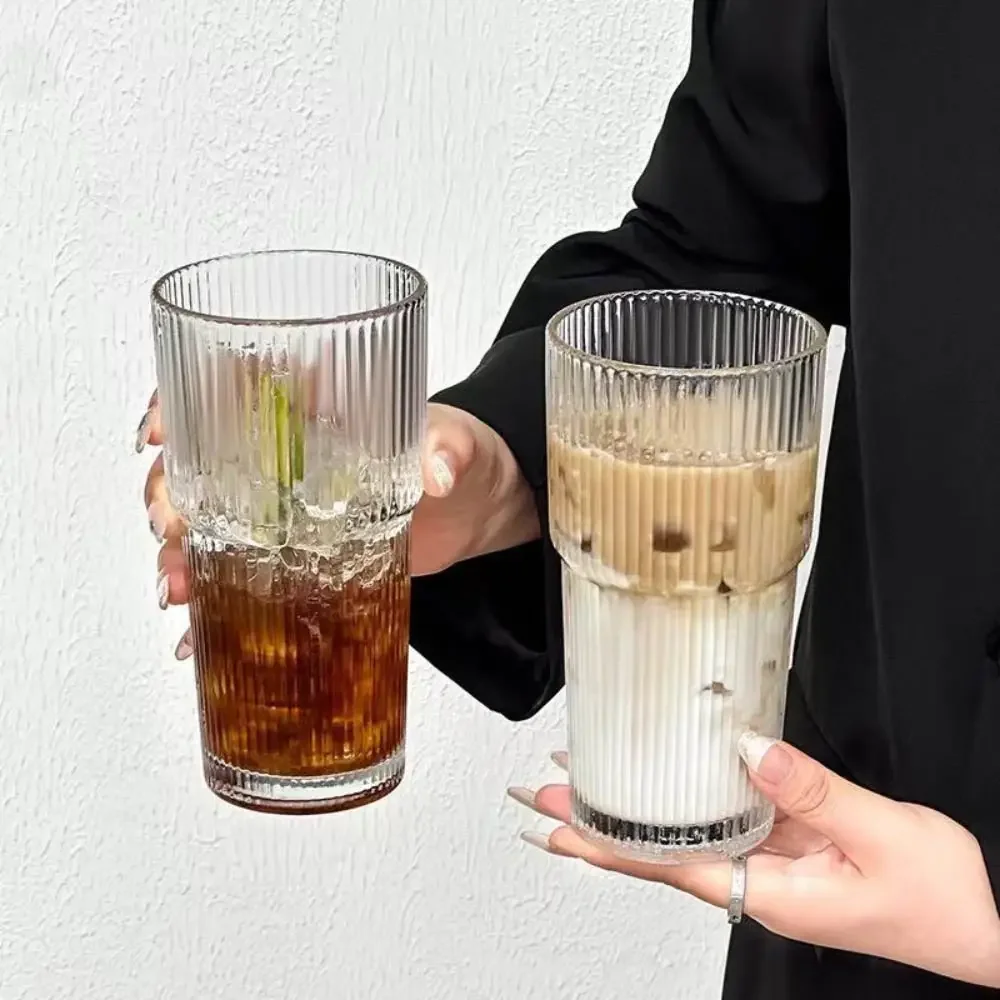 Striped Glass Coffee Cup with Lid and Straw – Clear Glass Drinkware for Coffee, Tea & Water 3