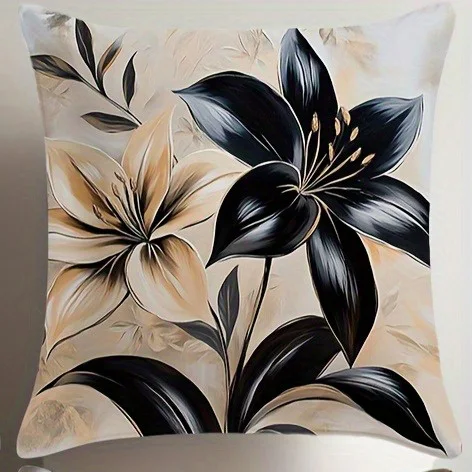 Black and white floral polyester pillow cover Design 3