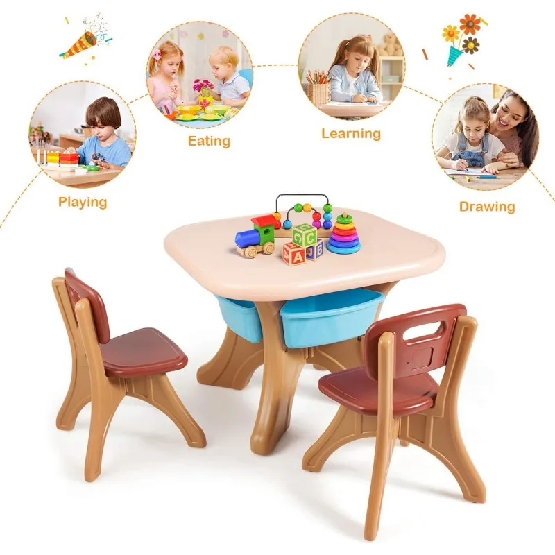 Kids Table and Chair Set, 3 Piece Activity Table w/Detachable Toy Storage Bin & 2 Chairs for Children Reading Art Craft