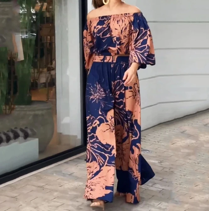 One Line Collar, Off The Shoulder Buckle, Lantern Sleeve, Casual Print, Off The Shoulder Waist Wide Leg Pants Fashion Casual Set