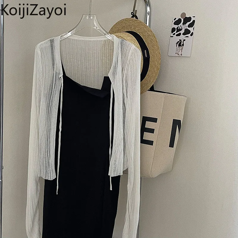 

Koijizayoi Fashion Women Two Pieces Set Long Sleeves Cardigan Thin Black Suspender Maxi Dress Chic Outfits 2022 New Loose Suit